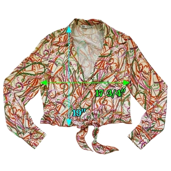 Zara Multicolor Abstract Paisley Button-Up Tie Front Cropped Blouse Colorful - Picture 4 of 11